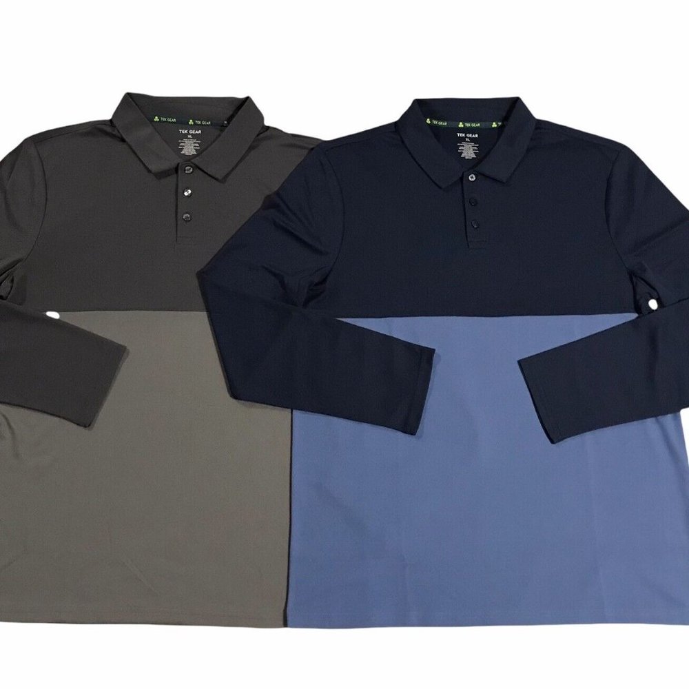 Tek Gear Mens Pullover Golf Polo Shirt lot 2 Size XL Dark Blue Gray Long Sleeves